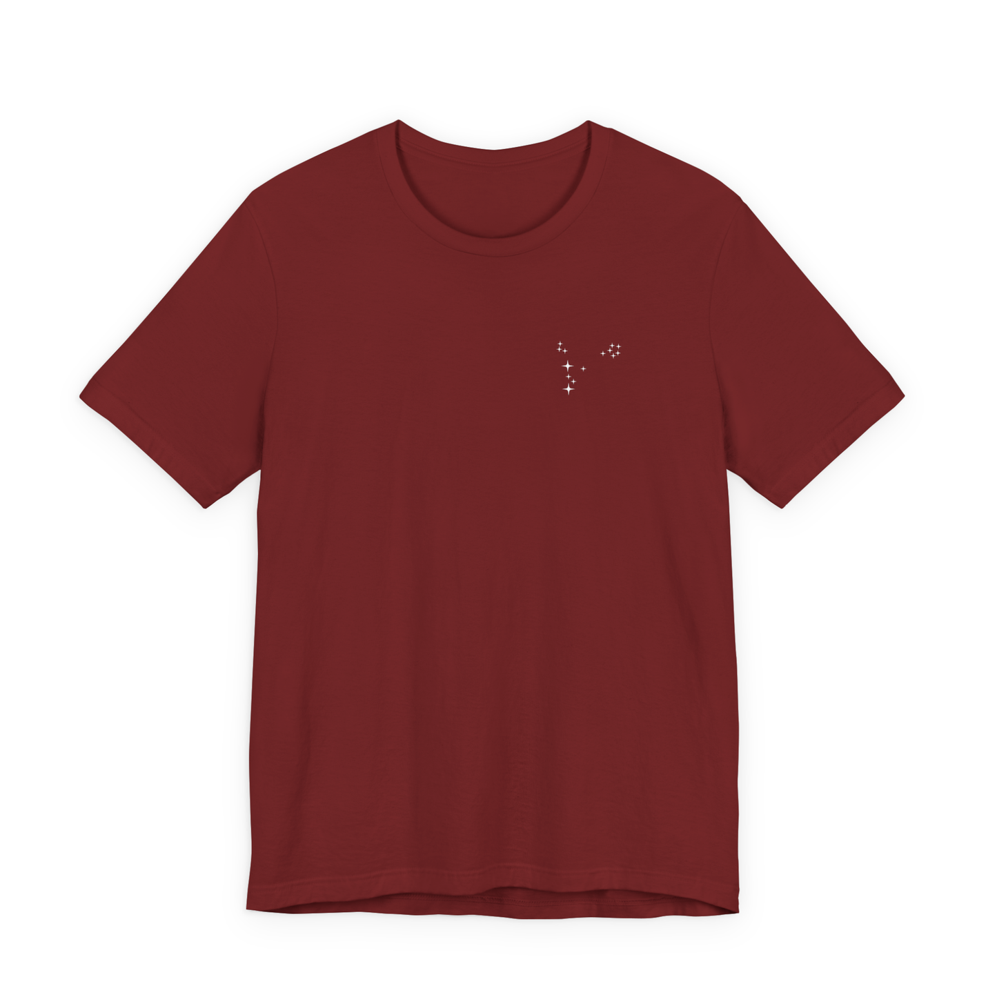 Pisces constellation t-shirt in color cardinal with a white background.