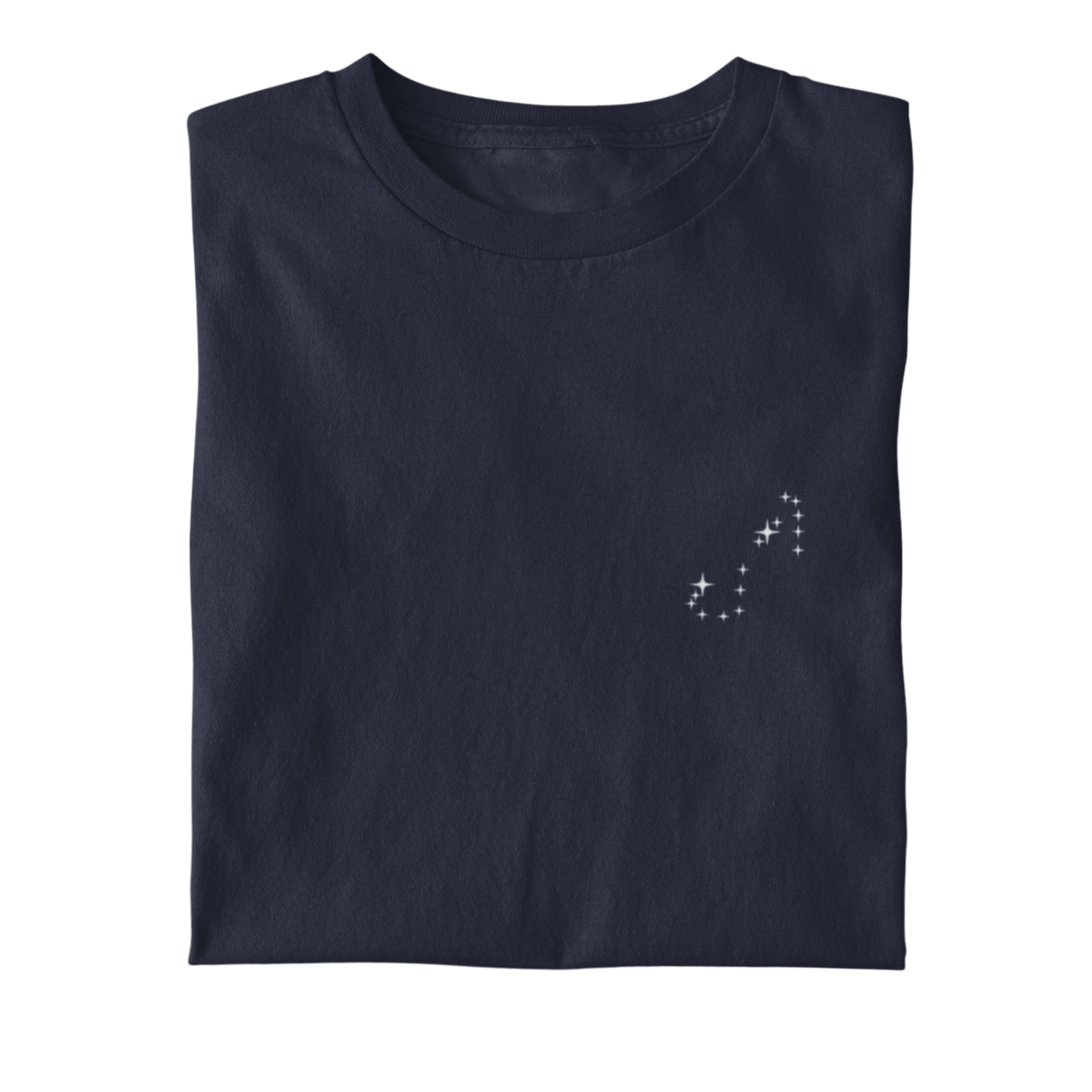 Folded navy t-shirt with the Scorpio constellation design on a white background