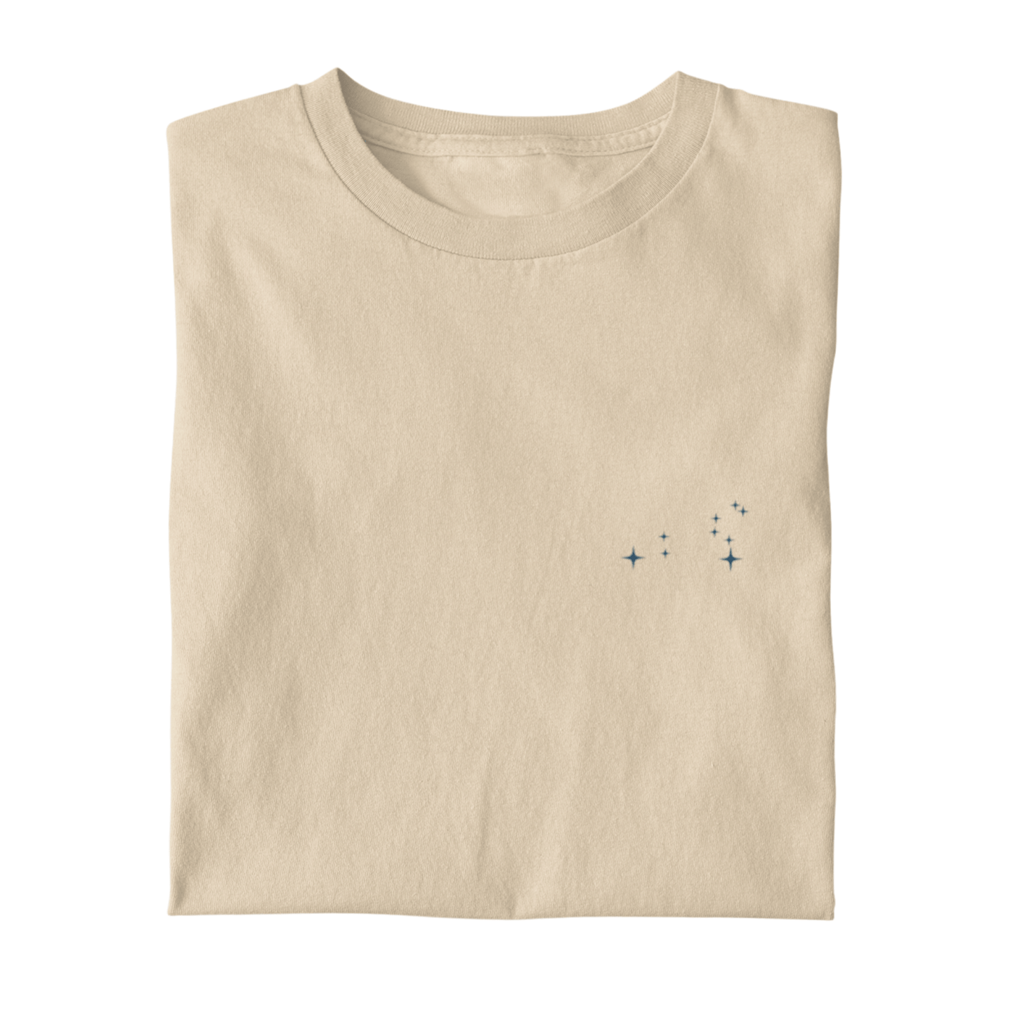 Folded  t-shirt with the Leo constellation design on a white background.