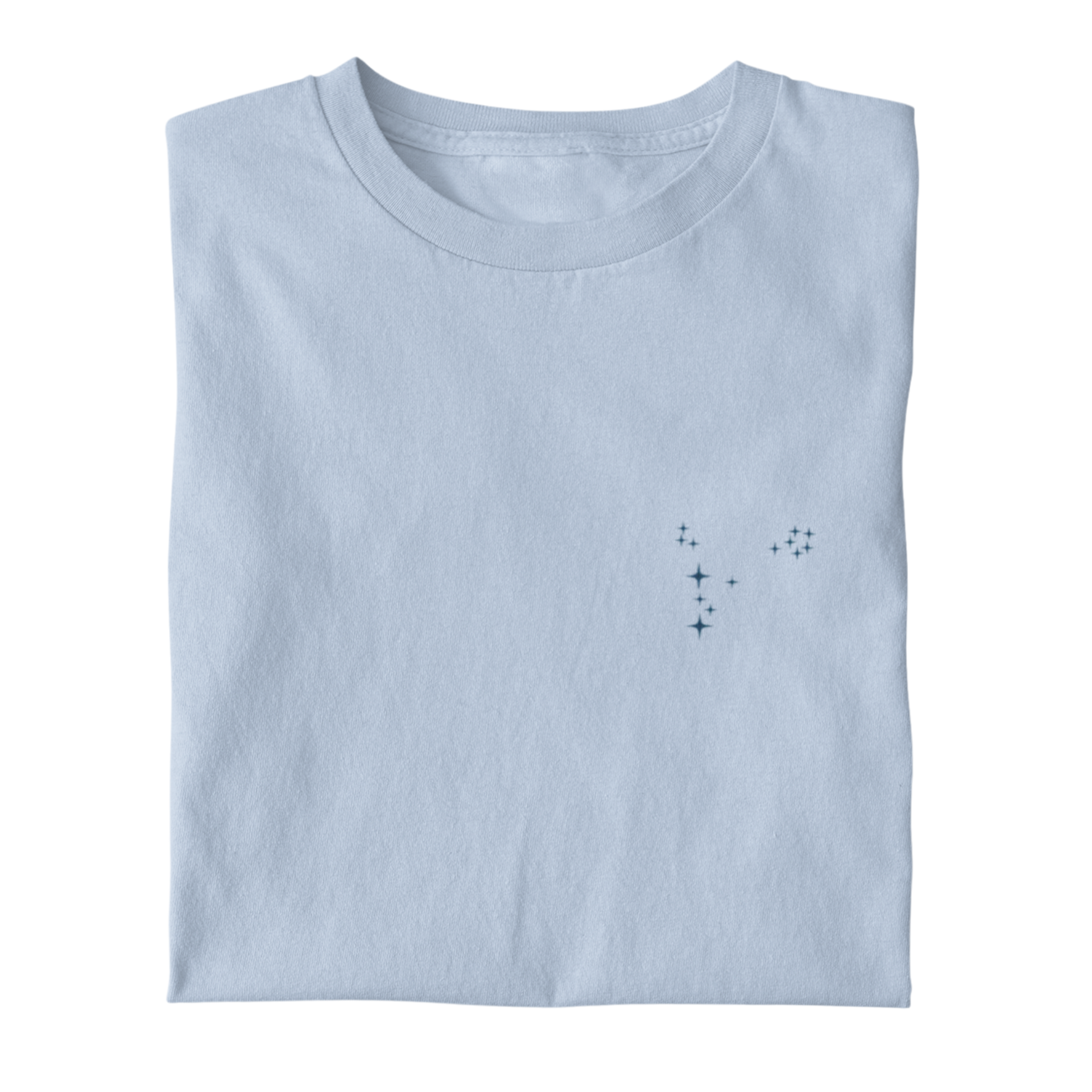 Folded  t-shirt with the Pisces constellation design on a white background.